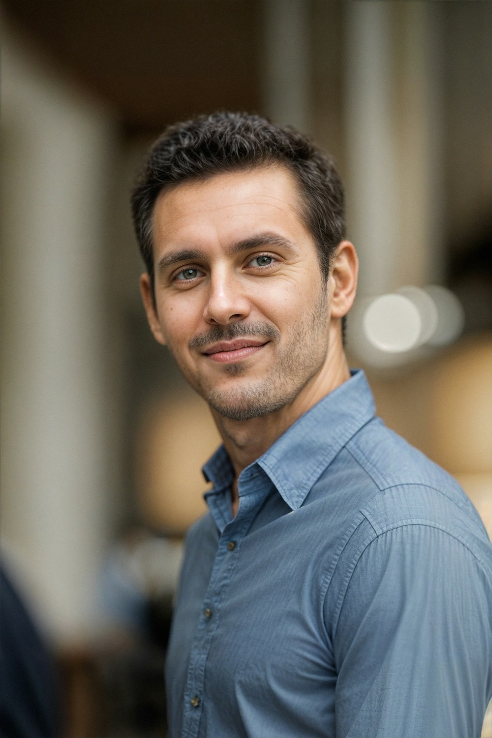 a man in a blue shirt smiling at the camera