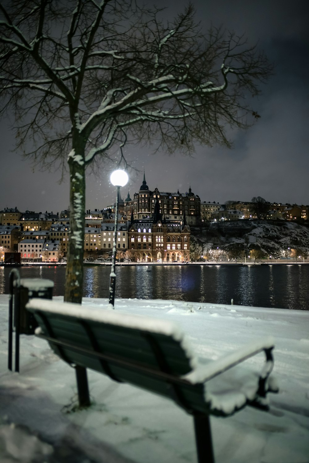 a park bench covered in snow next to a tree