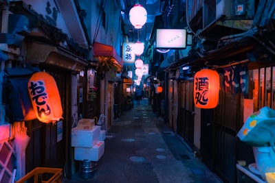 a narrow alley with lanterns hanging from the ceiling