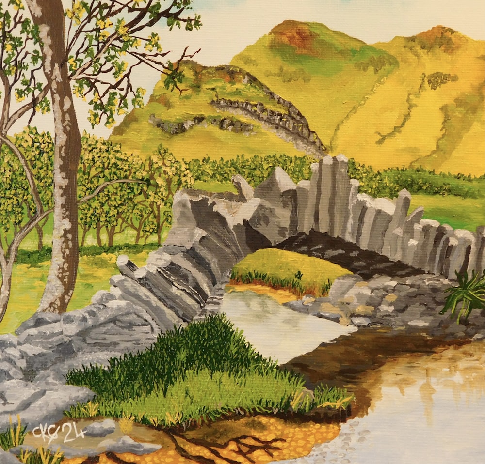 un dipinto di un ponte di pietra su un fiume