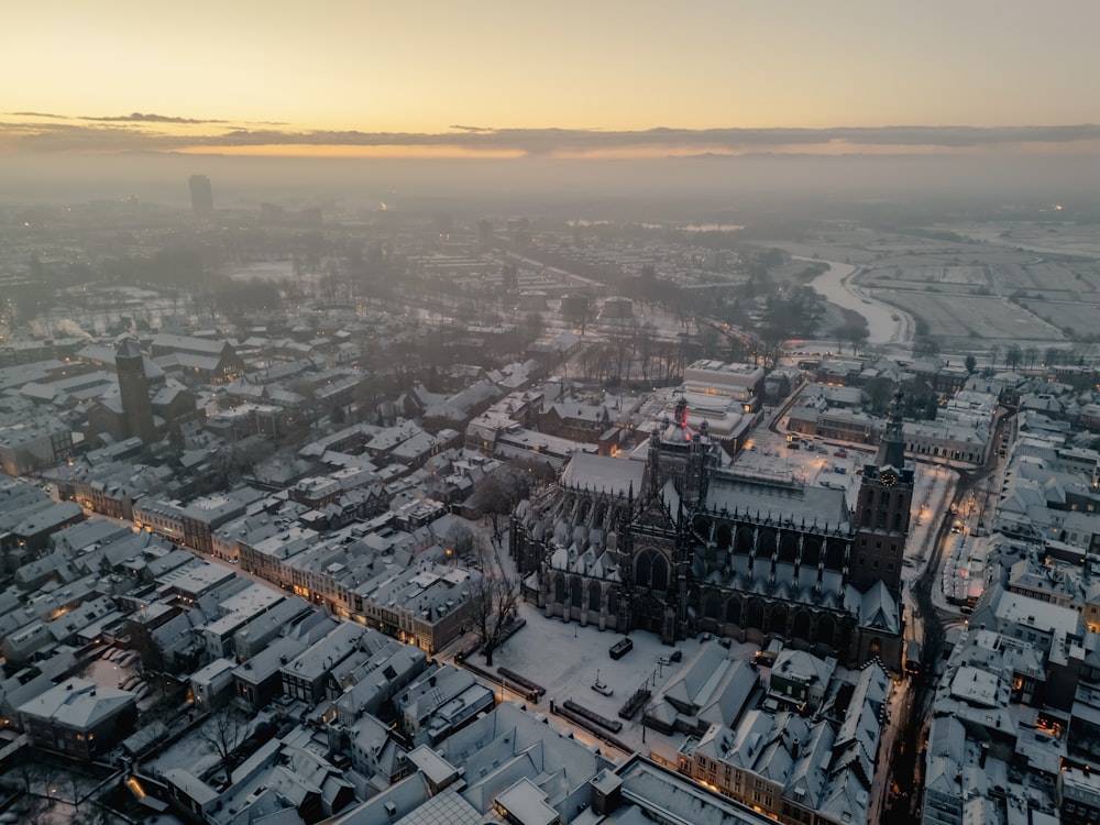 an aerial view of a city in winter