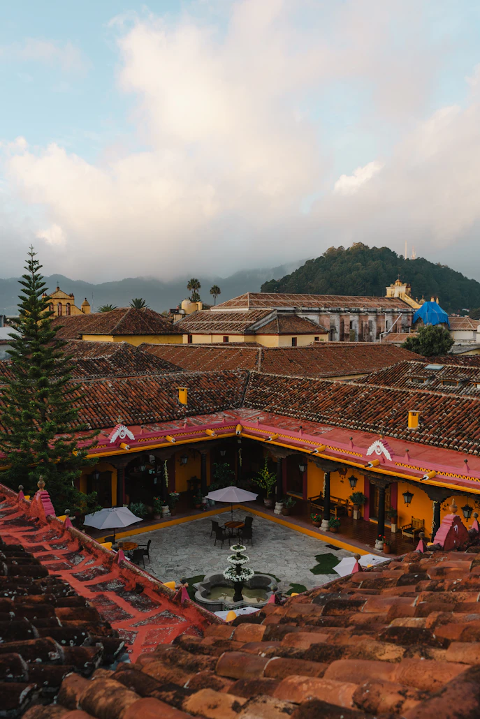The tranquil internal courtyard of a historic hotel in Chiapas