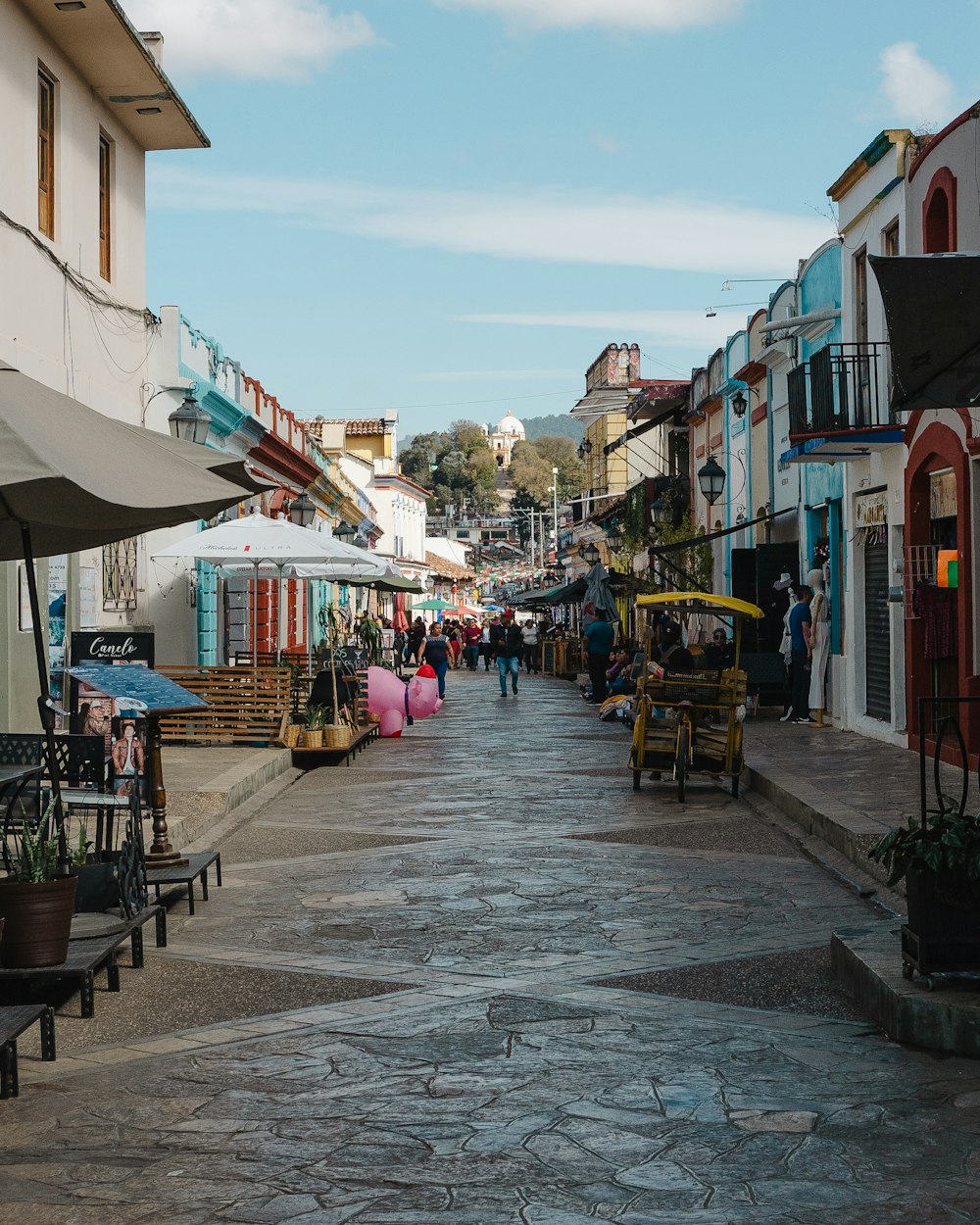 a cobblestone street in a small town