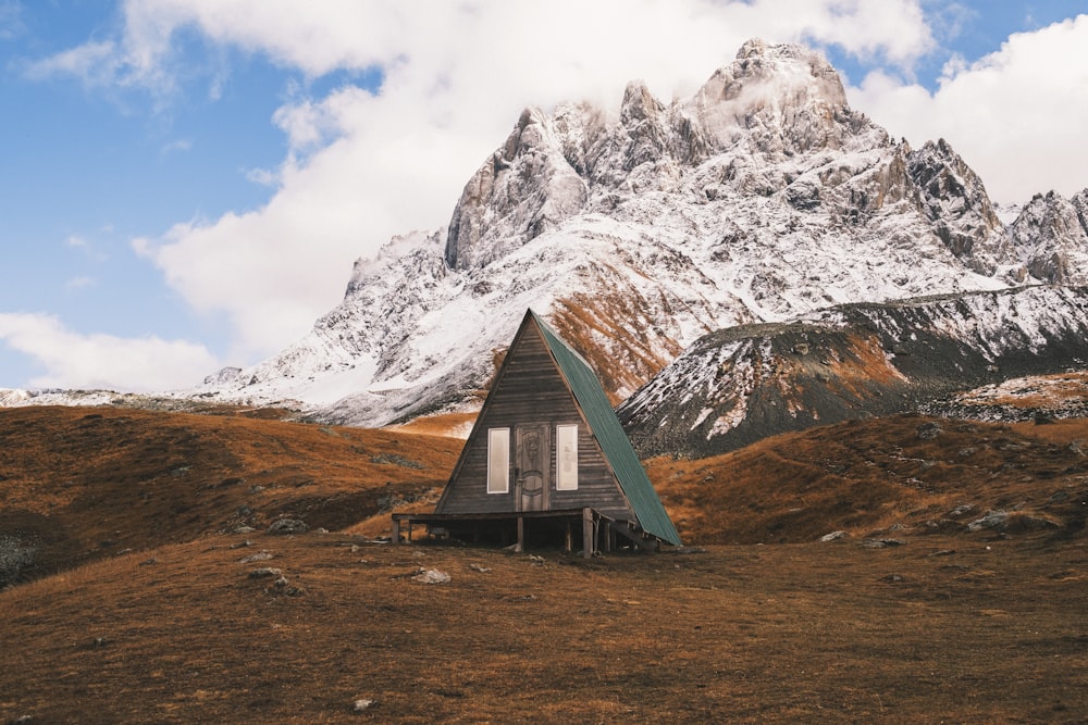 a cabin in the middle of a field with a mountain in the background