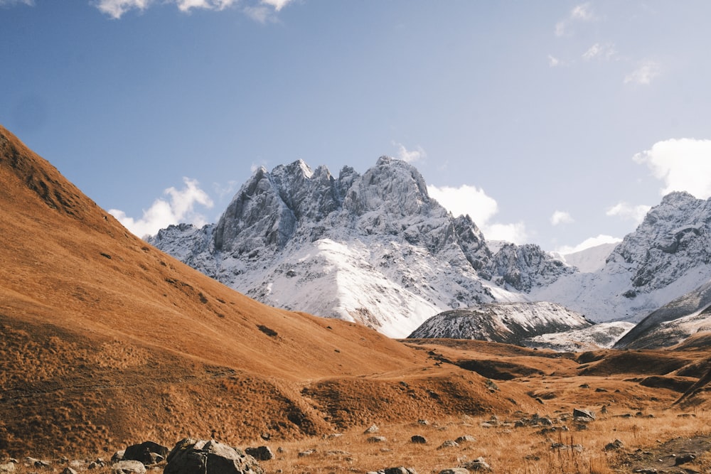 a mountain range covered in snow and brown grass