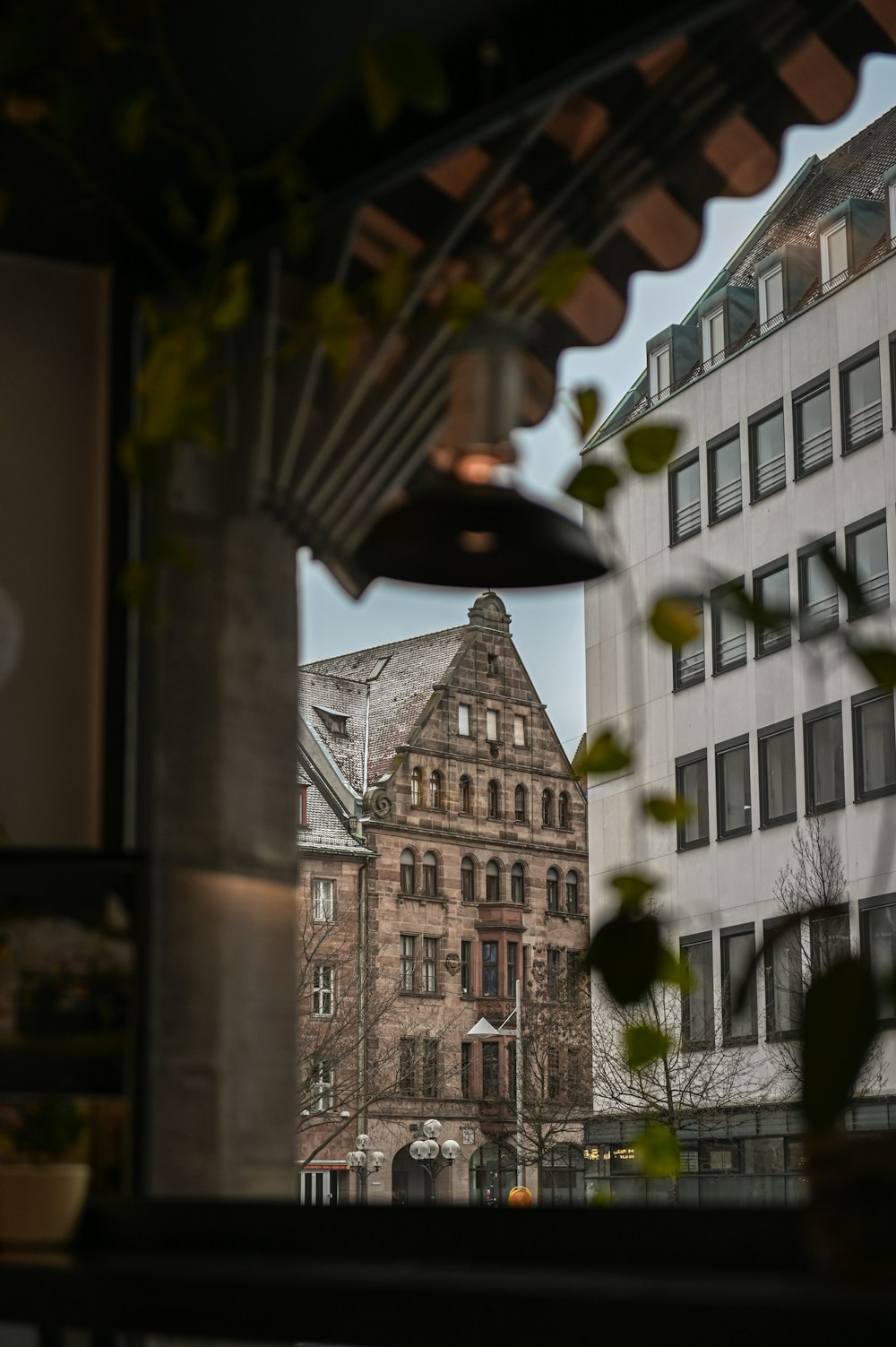 a view of a building through a window