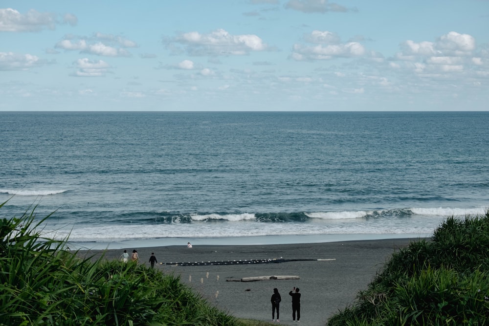 a couple of people standing on top of a beach