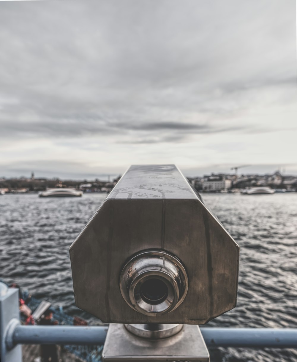 a close up of a camera on a boat