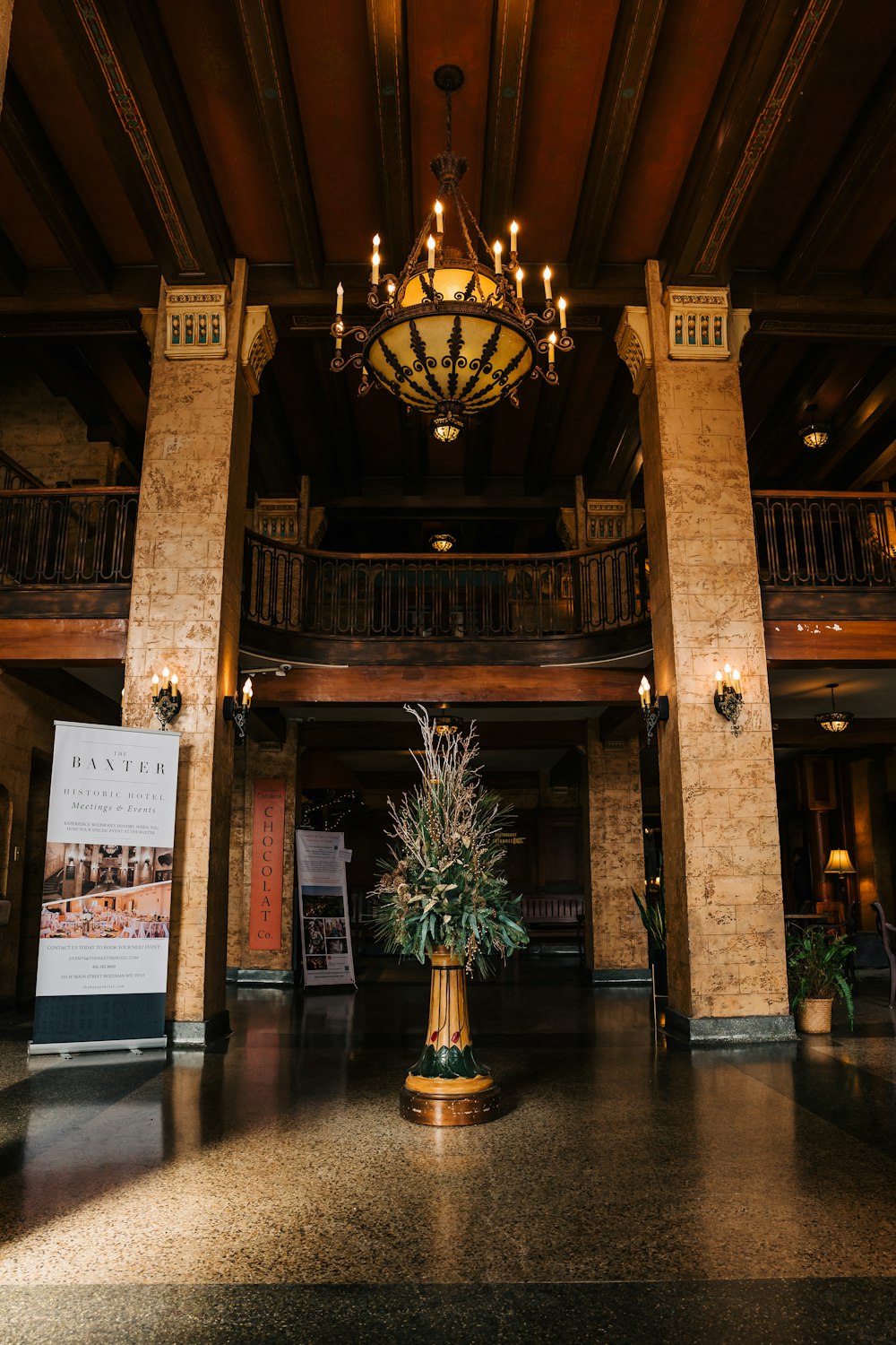 a chandelier hanging from the ceiling of a building