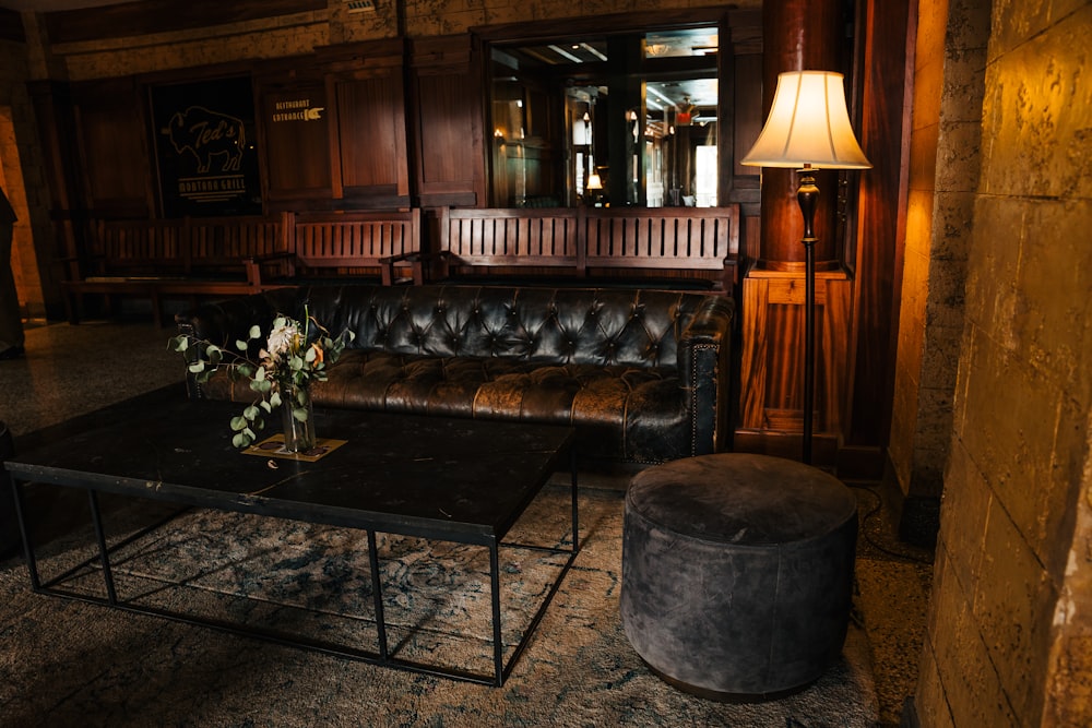 a living room with a couch and a table