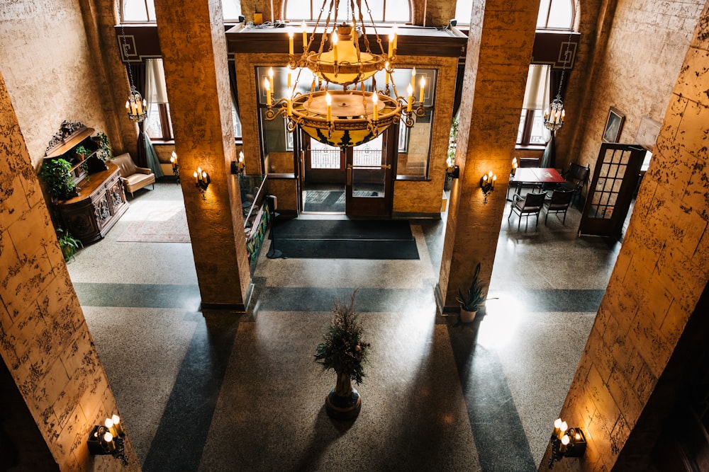 a chandelier hanging from the ceiling of a building