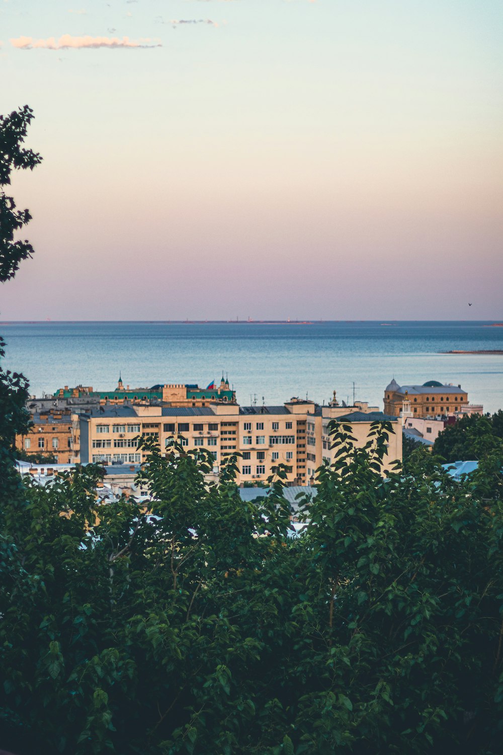 a view of a city with a body of water in the background