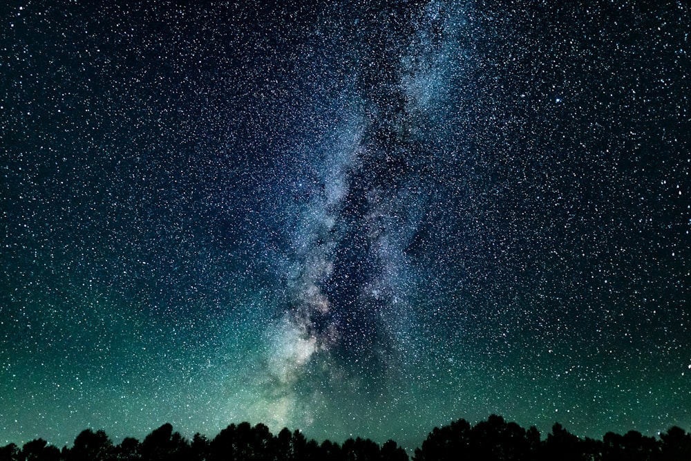 the night sky is filled with stars and trees