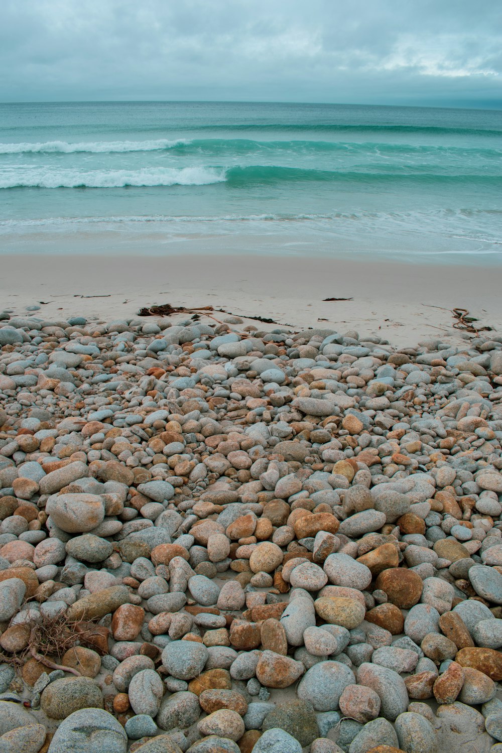 a bunch of rocks on a beach near the ocean