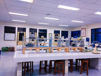 a room filled with lots of tables and stools