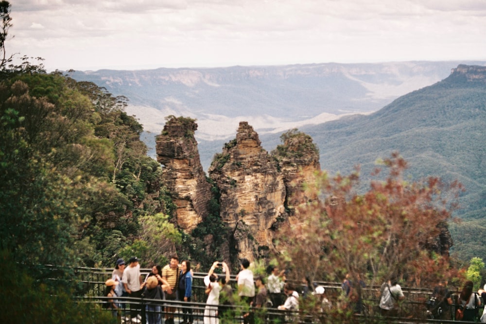 a group of people standing on top of a lush green hillside