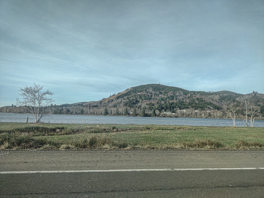 a large body of water sitting next to a lush green field