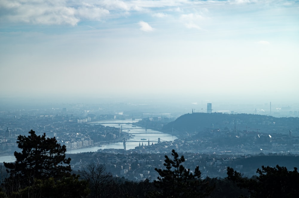 a view of a city and a river from a hill