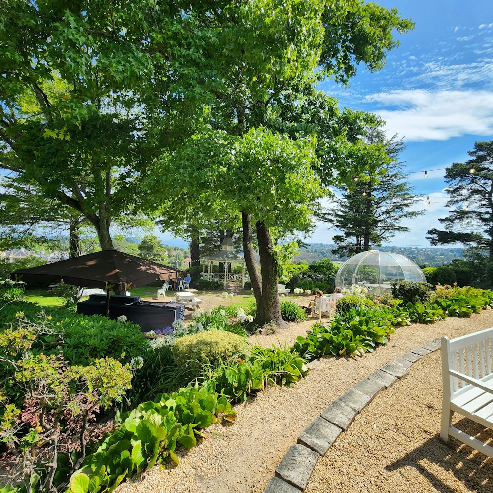 a white bench sitting in the middle of a garden