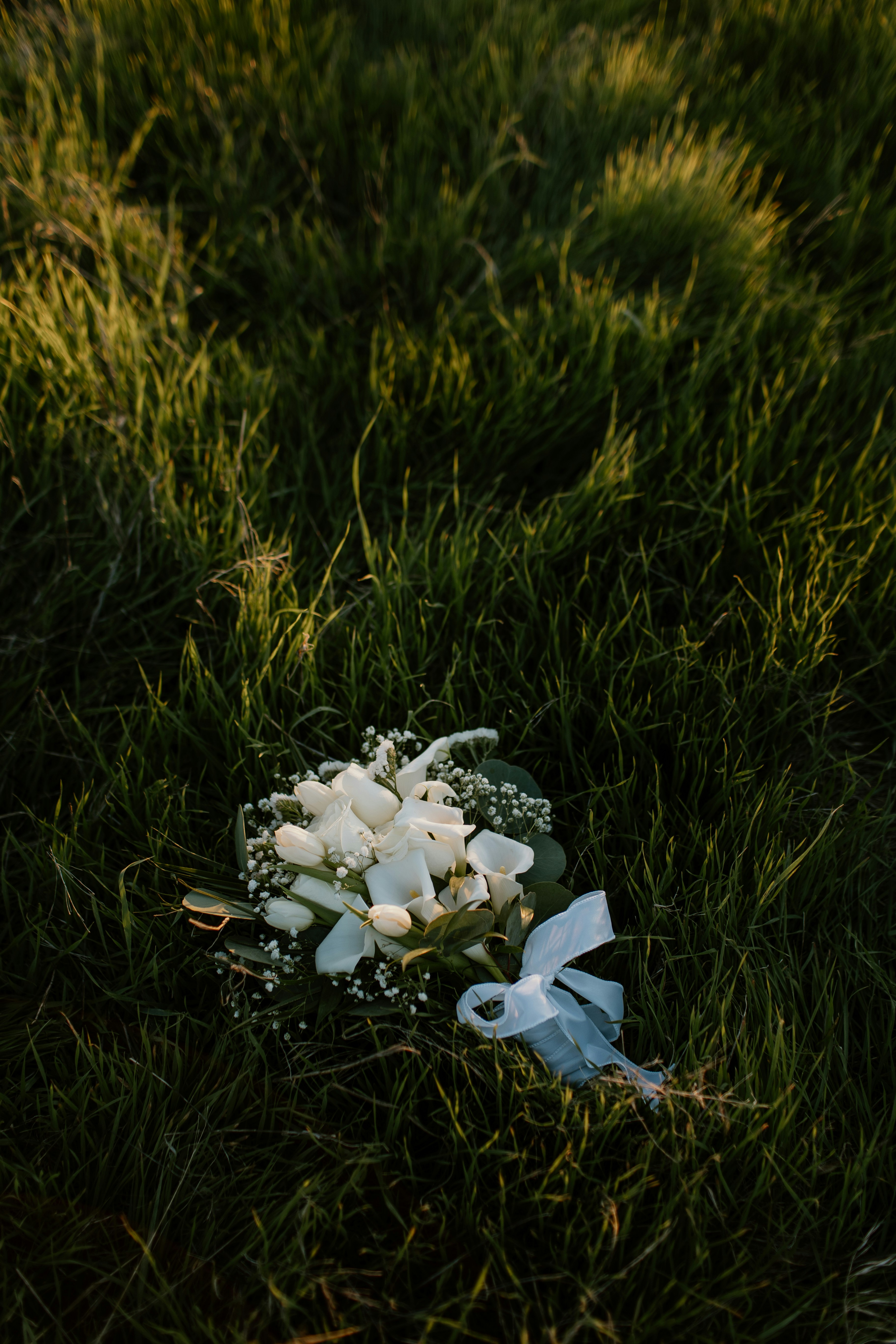 un ramo de flores blancas sentado en la cima de un exuberante campo verde