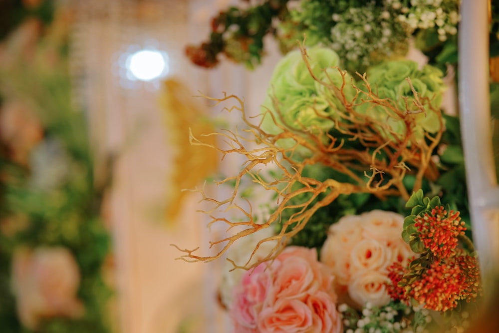 a bunch of flowers that are on a table