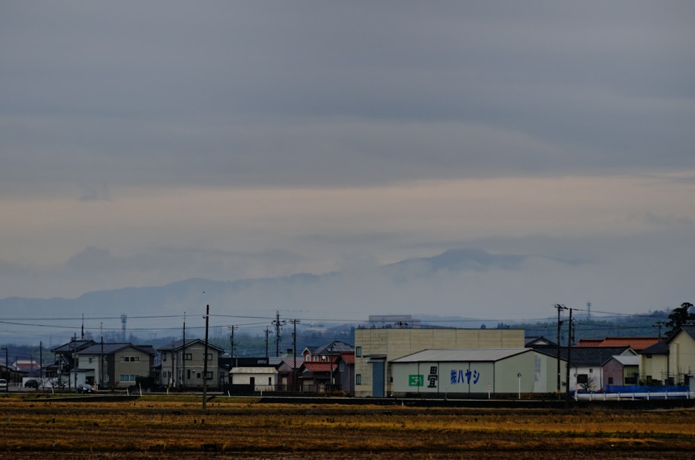 Un tren que pasa por un pequeño pueblo bajo un cielo nublado