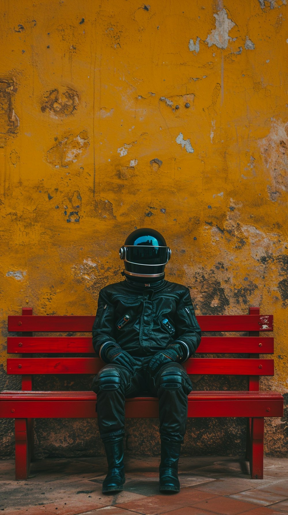 a man sitting on top of a red bench