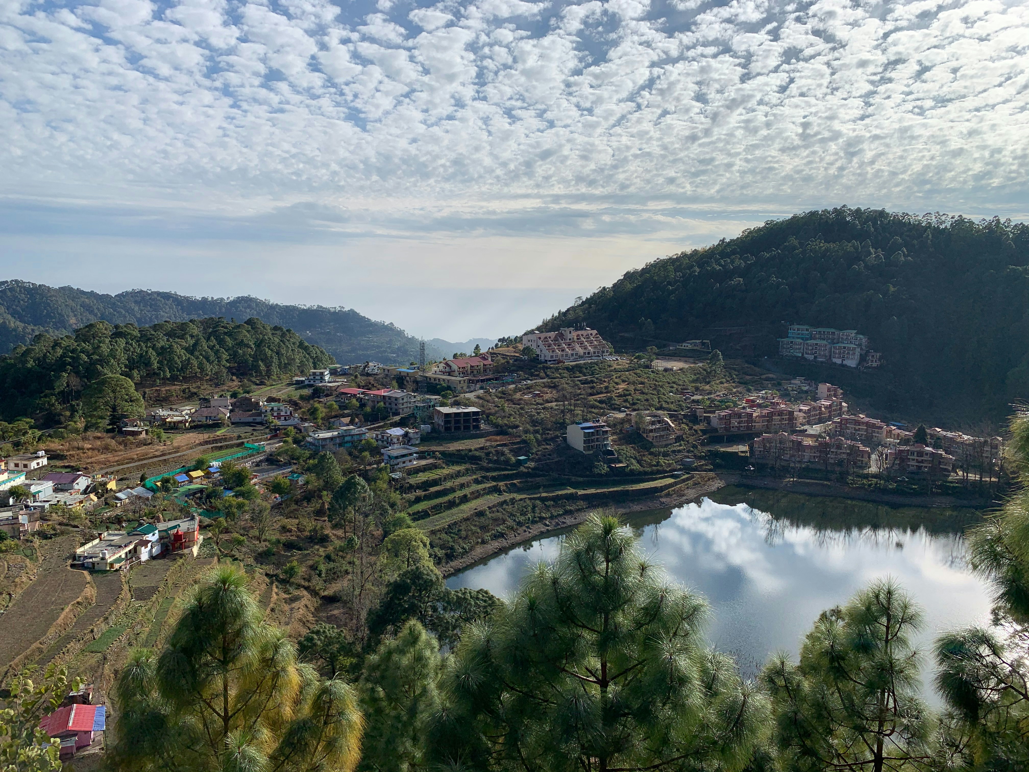 a lake surrounded by trees and houses