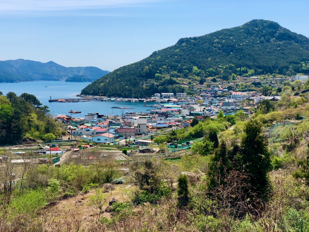 a view of a small town in the middle of a lake