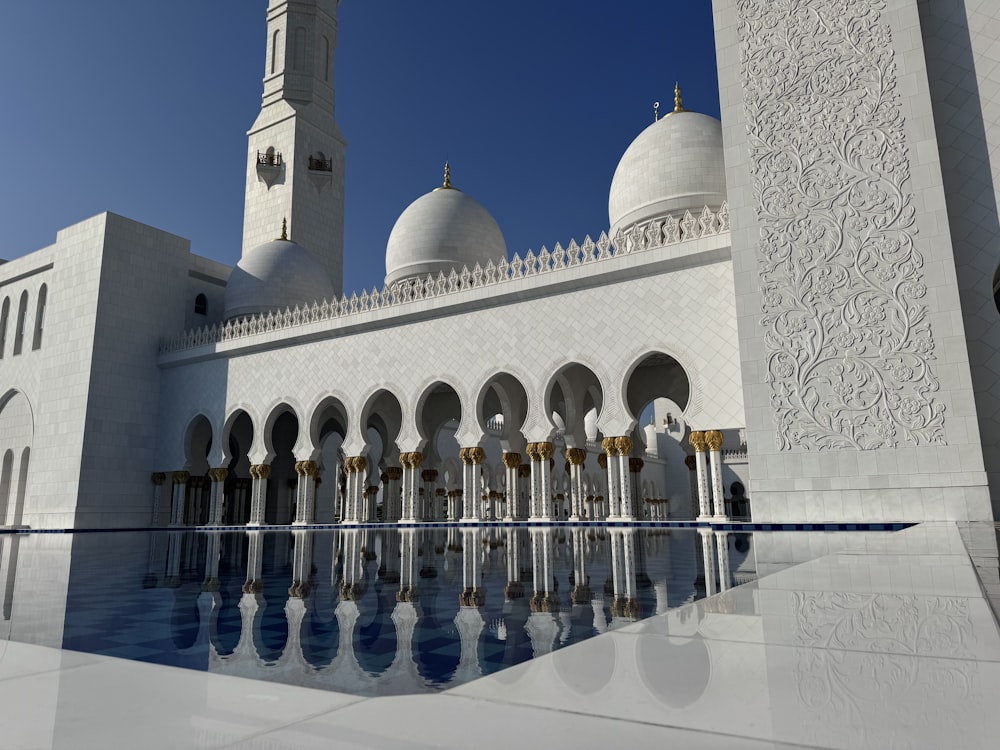 a reflection of a building in a pool of water