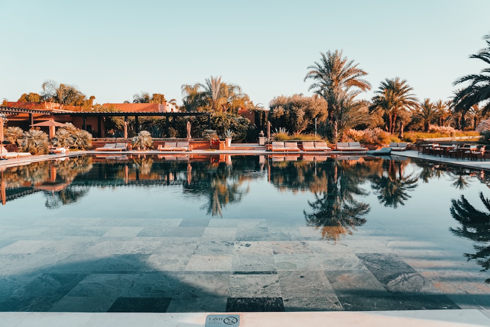 a swimming pool with a tiled floor next to palm trees