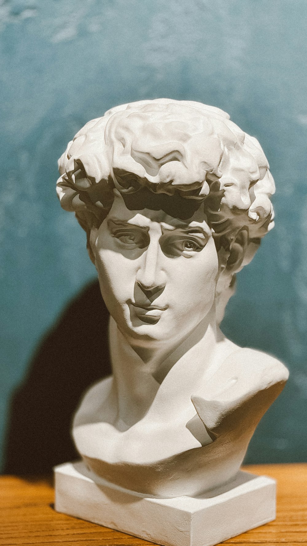 a white bust of a man with curly hair