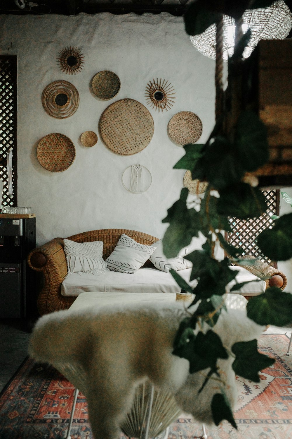 a bedroom with a bed and a plant in the corner