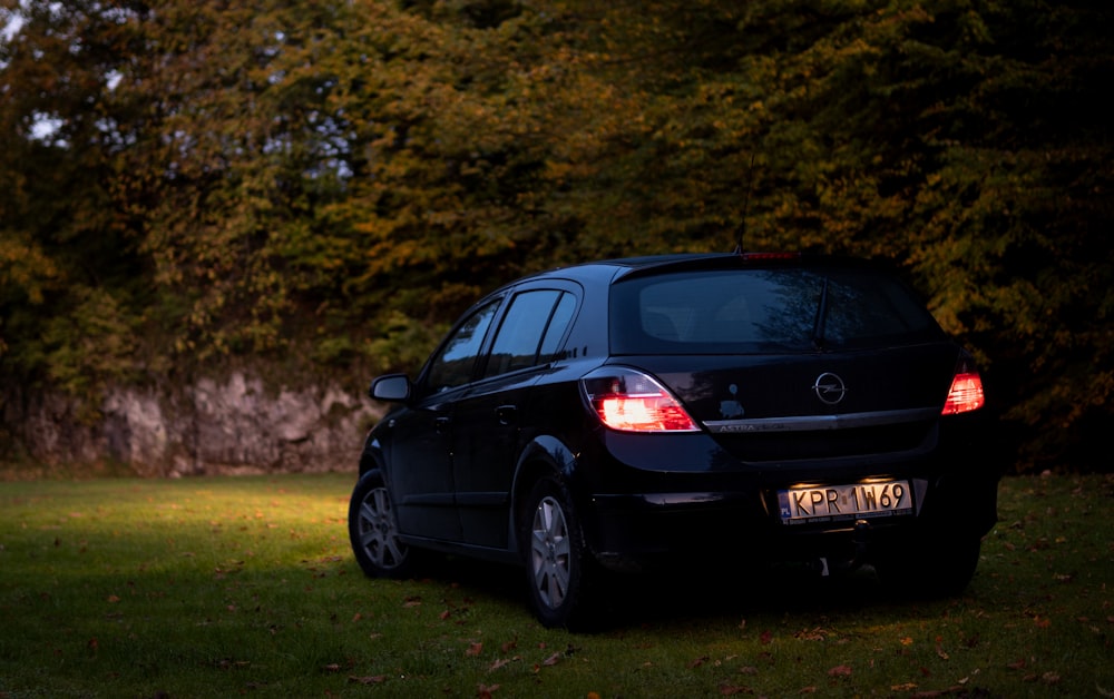 a small black car parked in a grassy area