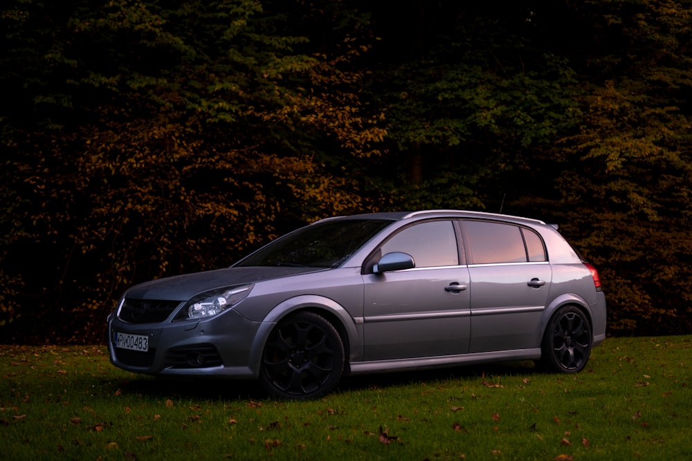 a silver car parked in front of a forest