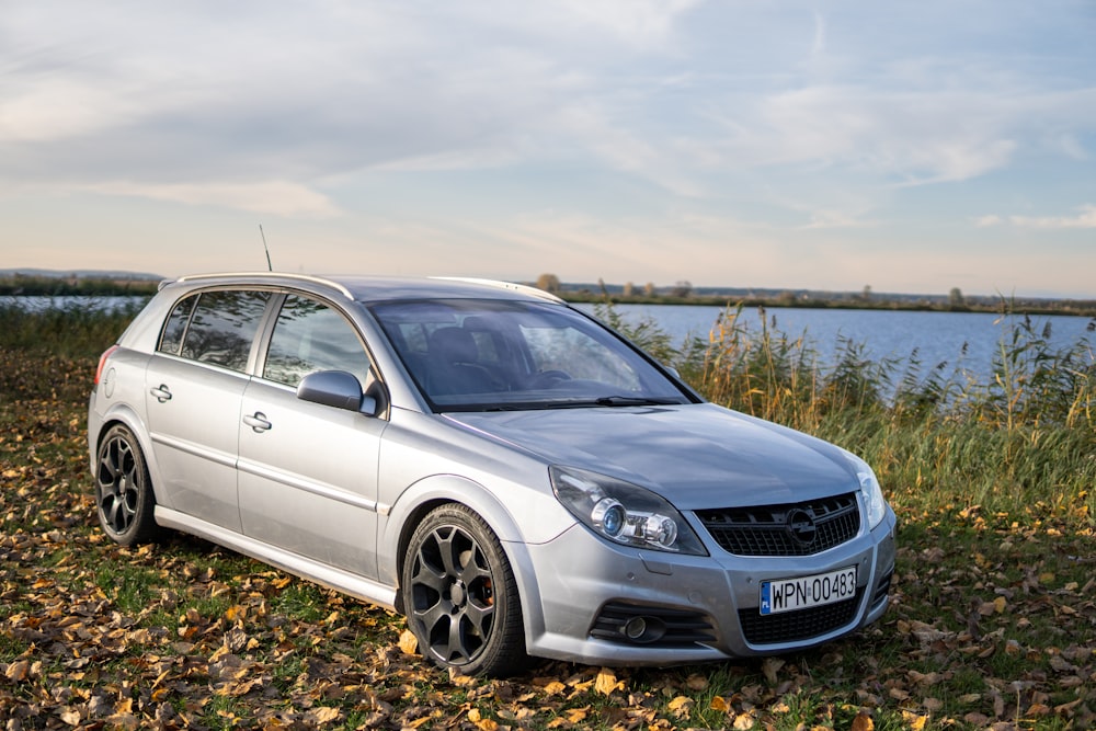 a silver car parked in a field next to a body of water