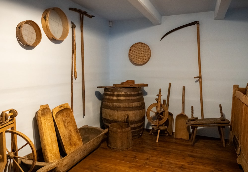 a room filled with lots of wooden furniture