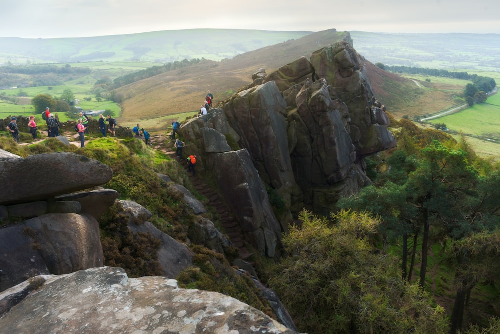 a group of people standing on top of a lush green hillside