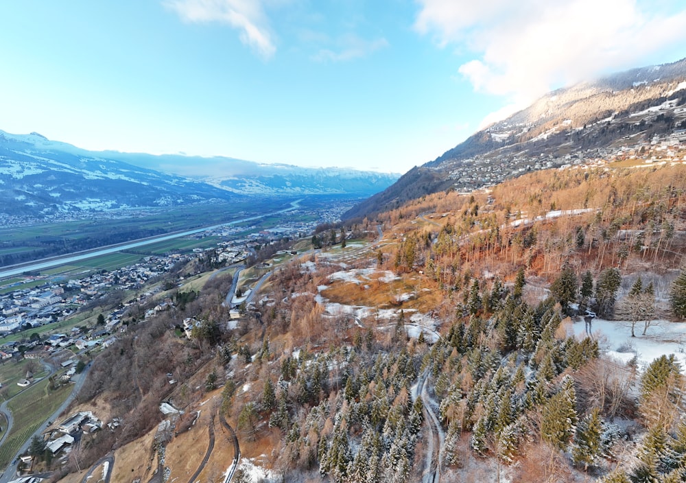 a scenic view of a valley with a river running through it