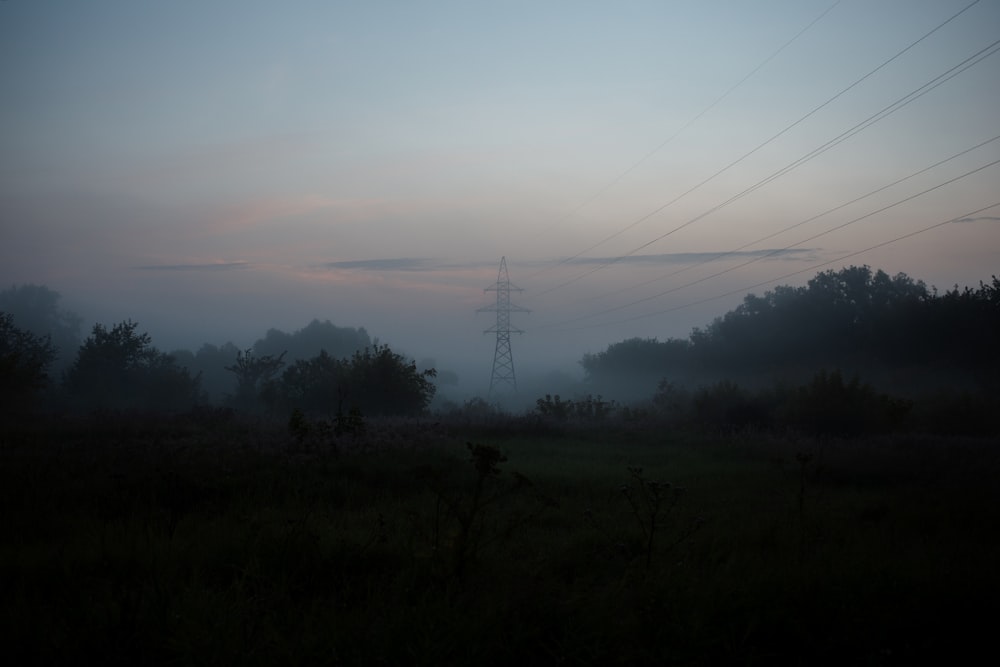 a foggy field with power lines in the distance