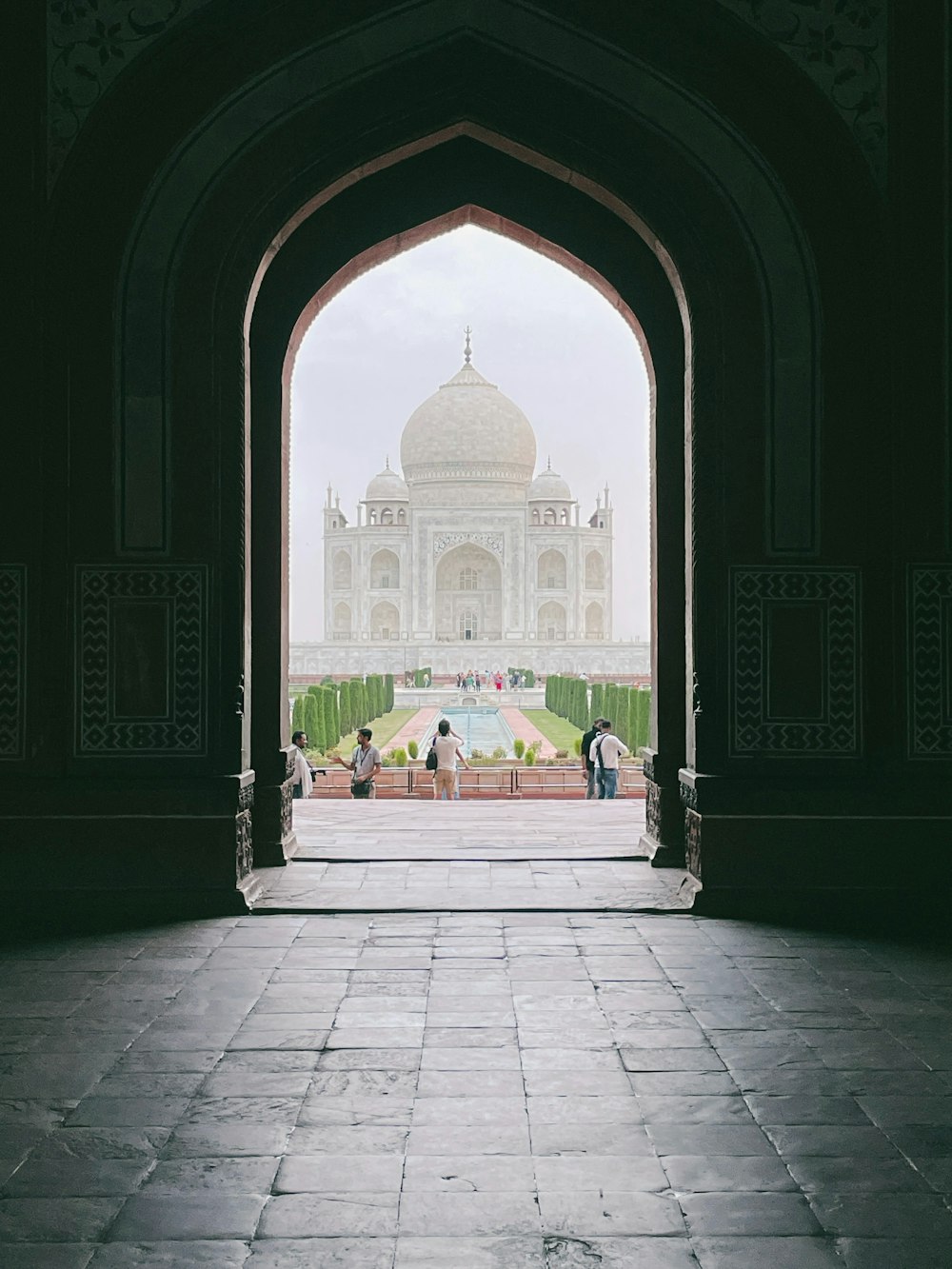 a view of a building through an archway