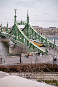 a green bridge with a train going over it