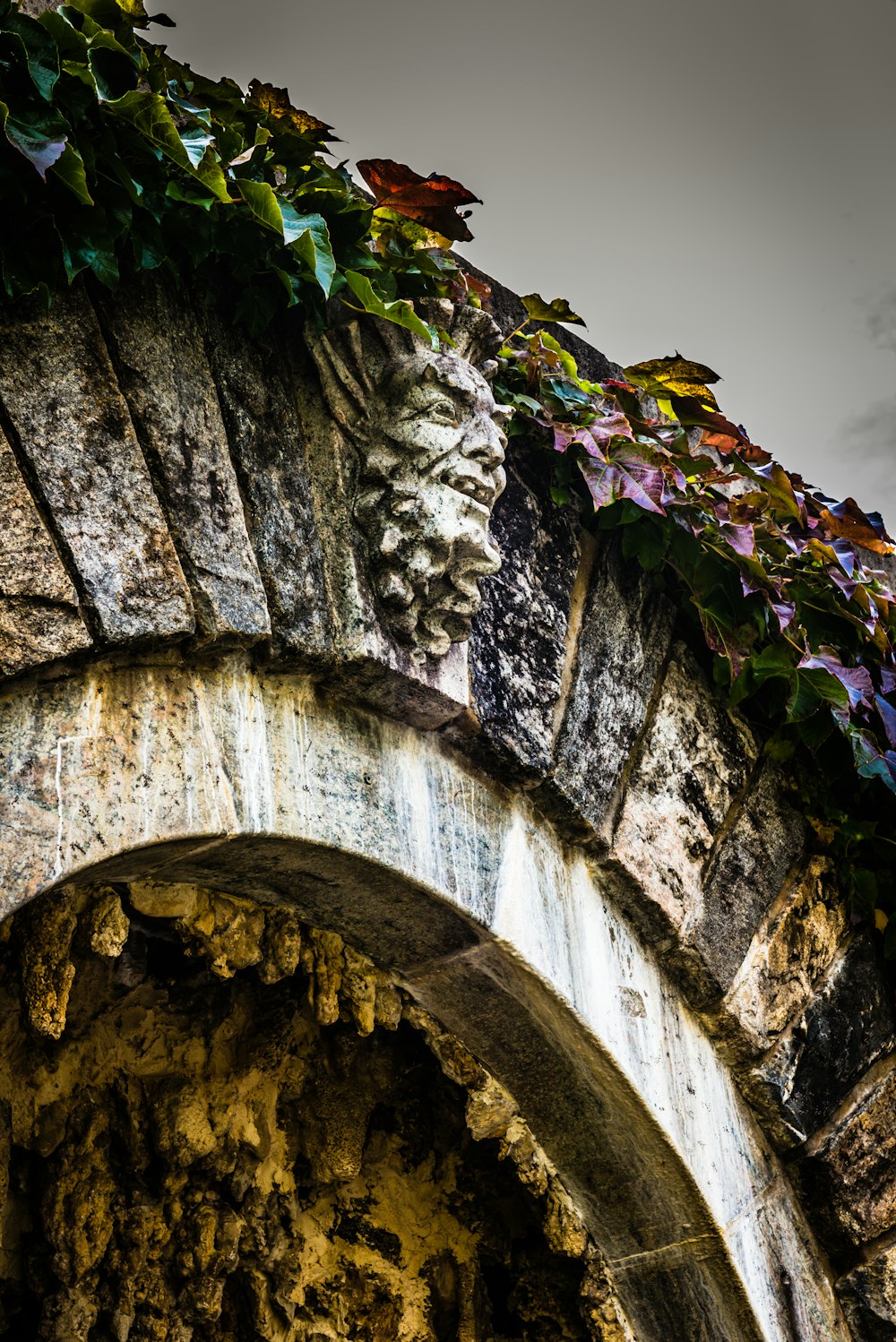 a stone arch with ivy growing on it