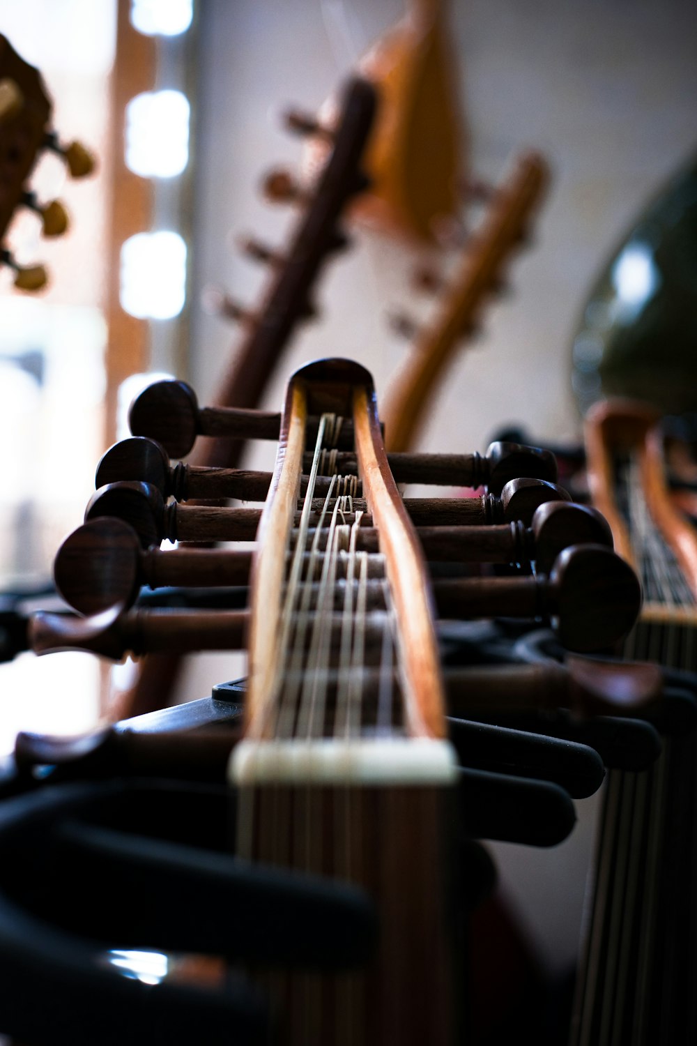 a close up of a row of musical instruments