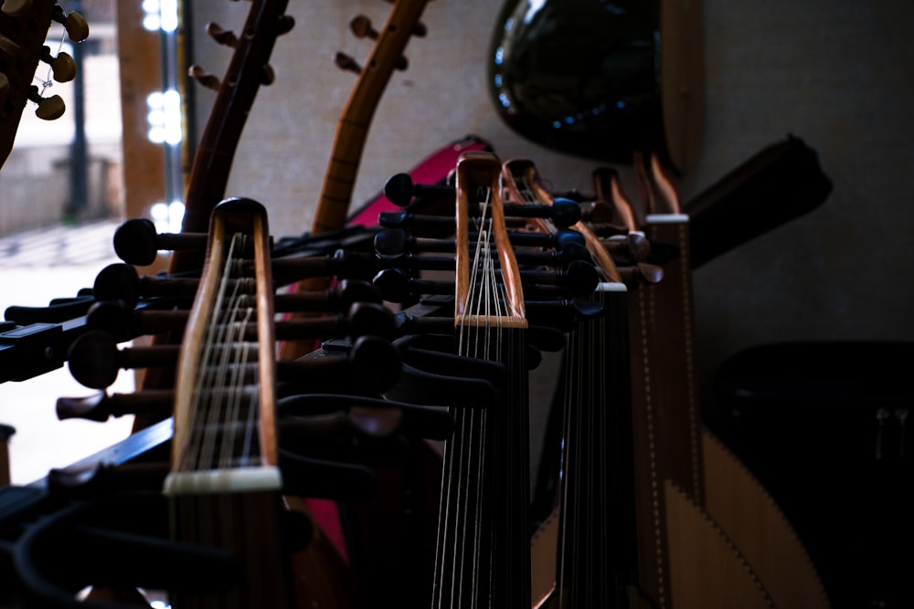 a row of guitars sitting next to each other