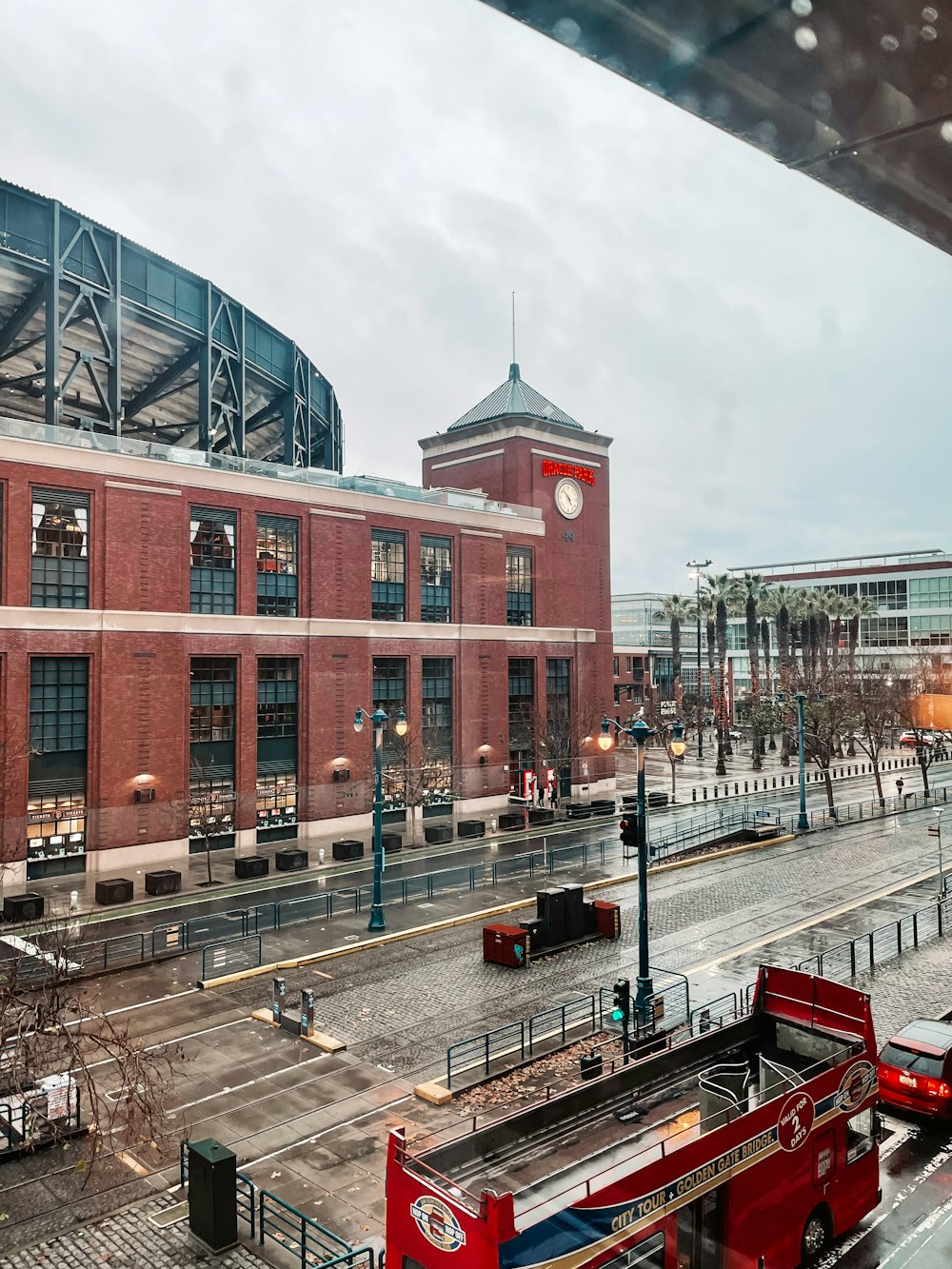 a view of a train station from a window