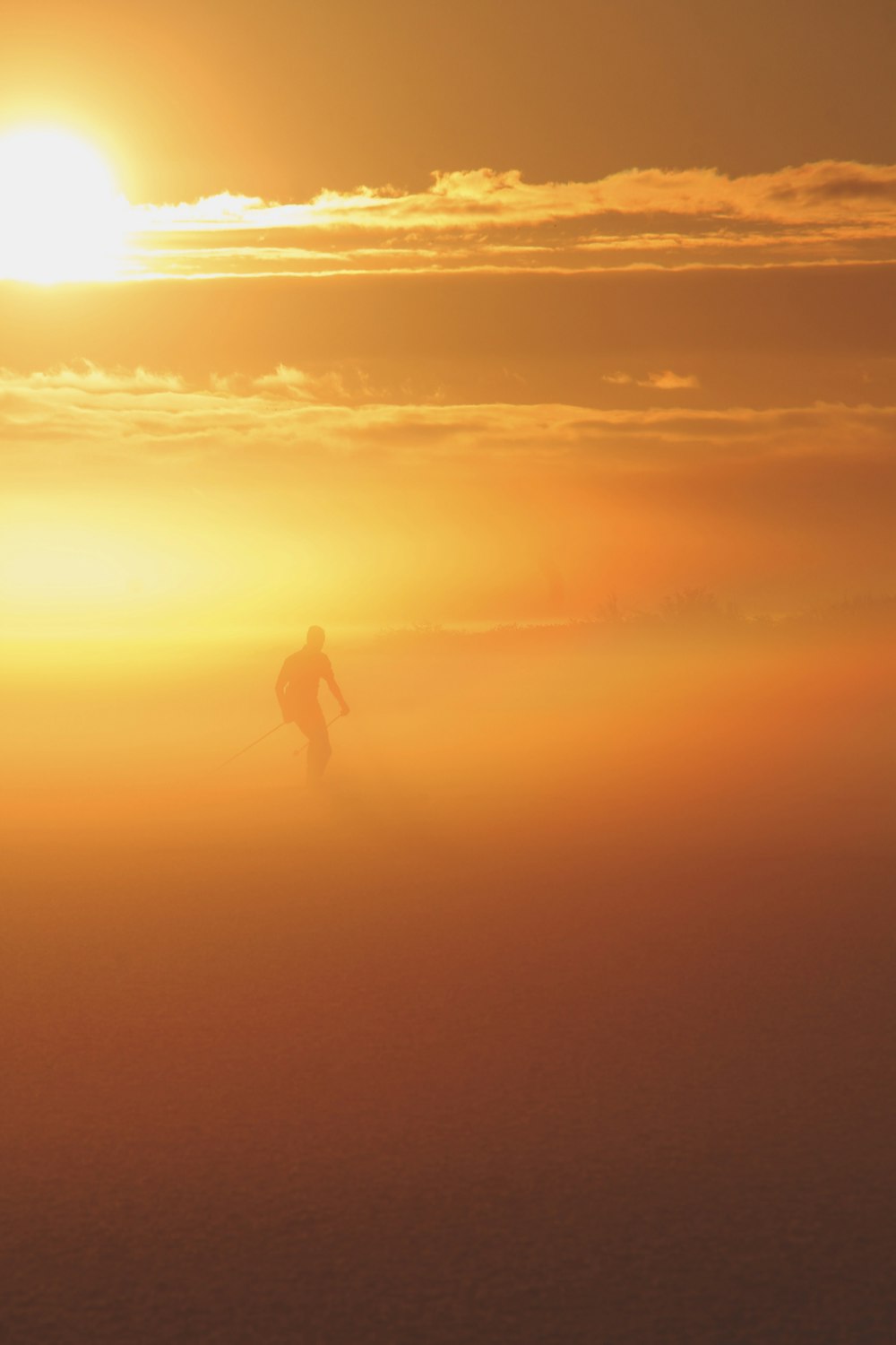 a person riding skis on a foggy day