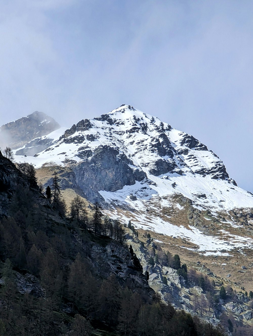 a snow covered mountain with trees on the side