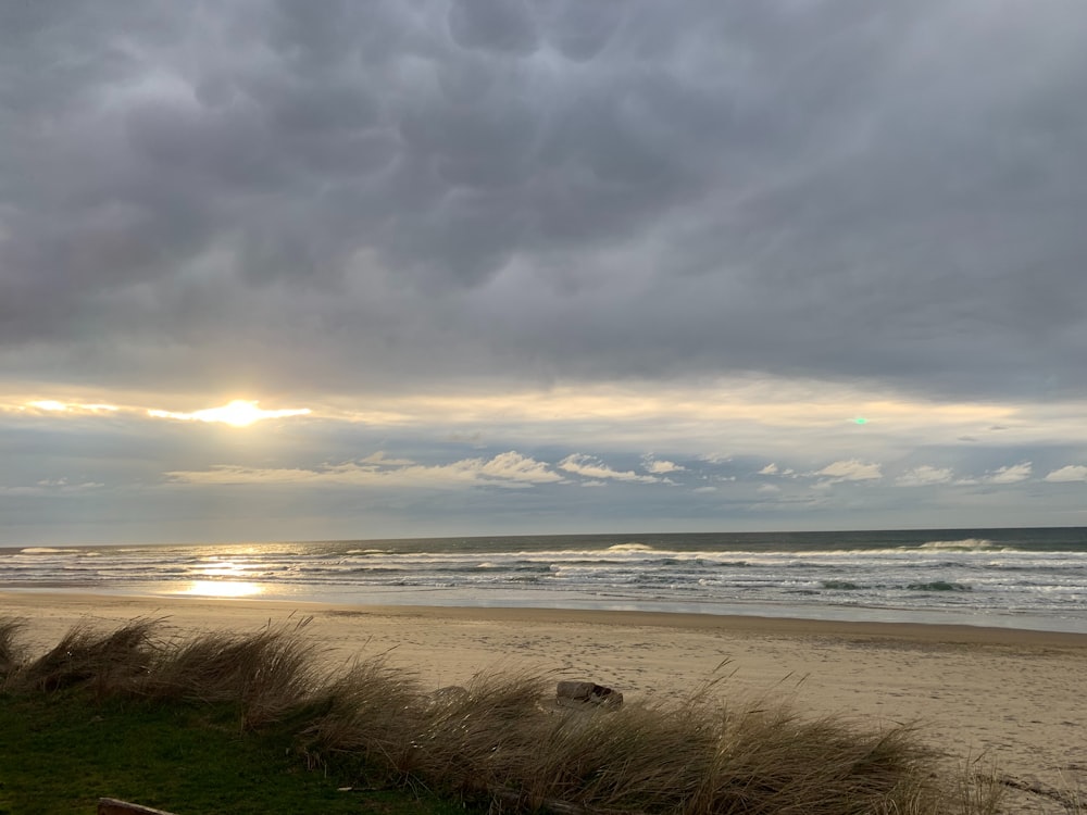 a bench sitting on top of a sandy beach under a cloudy sky