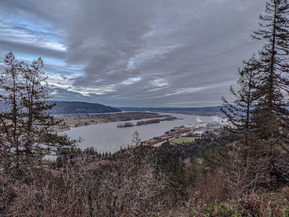 a view of a lake from a hill